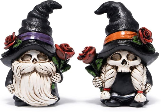 Hodao Halloween Gnomes Decorations Indoor, Resin Halloween Skull Head Handmade Figurines with Witch Hat & Rose Decor for Gift Home Bedroom Party Office Table - 2 Pcs, Black Hats