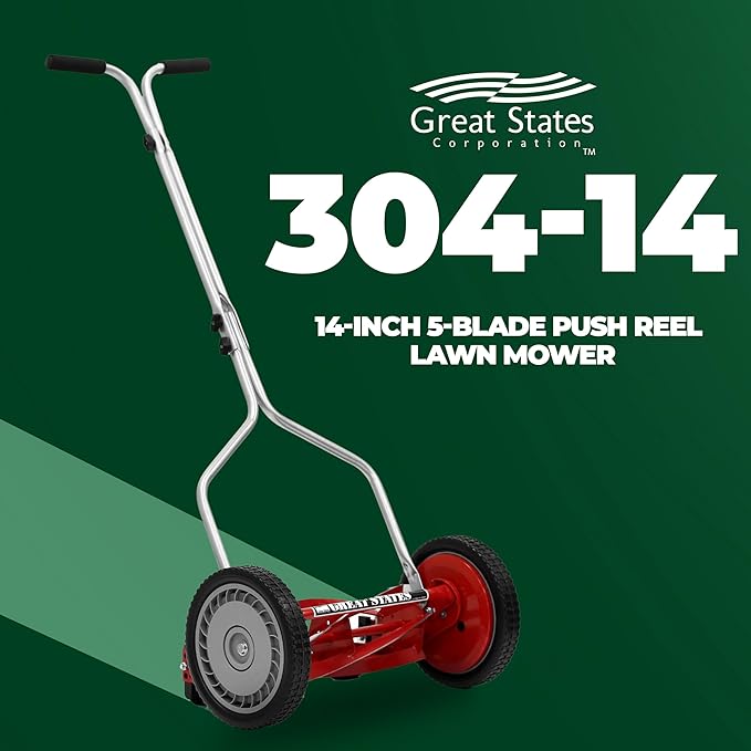Great States 304-14 14-Inch 5-Blade Push Reel Lawn Mower, Red