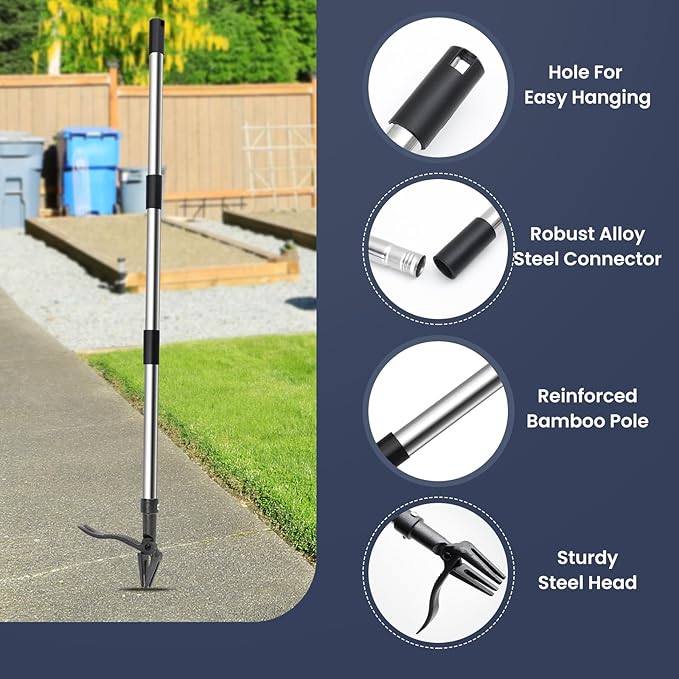 Weed Puller Tool Stand Up Weeder with Long Handle & 4-Claw Steel Head Manual Weed Remover Tool for Lawn and Garden (Steel)