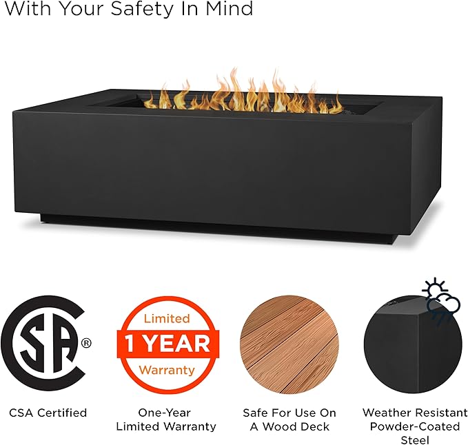Real Flame Aegean 50in Rectangle Propane or Natural Gas Fire Pit Table, 50,000 BTU, Powder-Coated Steel, Push-Button Ignition, CSA Certified, Lava Rock, Storage Cover, Stainless Steel Burner with Lid
