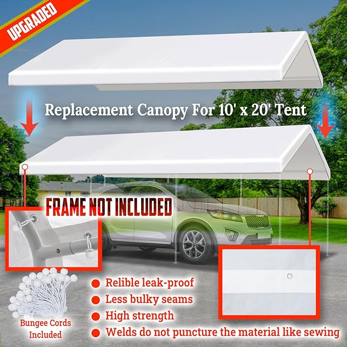 YardGrow 10x20 FT Carport Replacement Canopy Cover Garage Shelter Outdoor Carport Canopy Top Tent Shelter Tarp, Canopy ONLY (White)