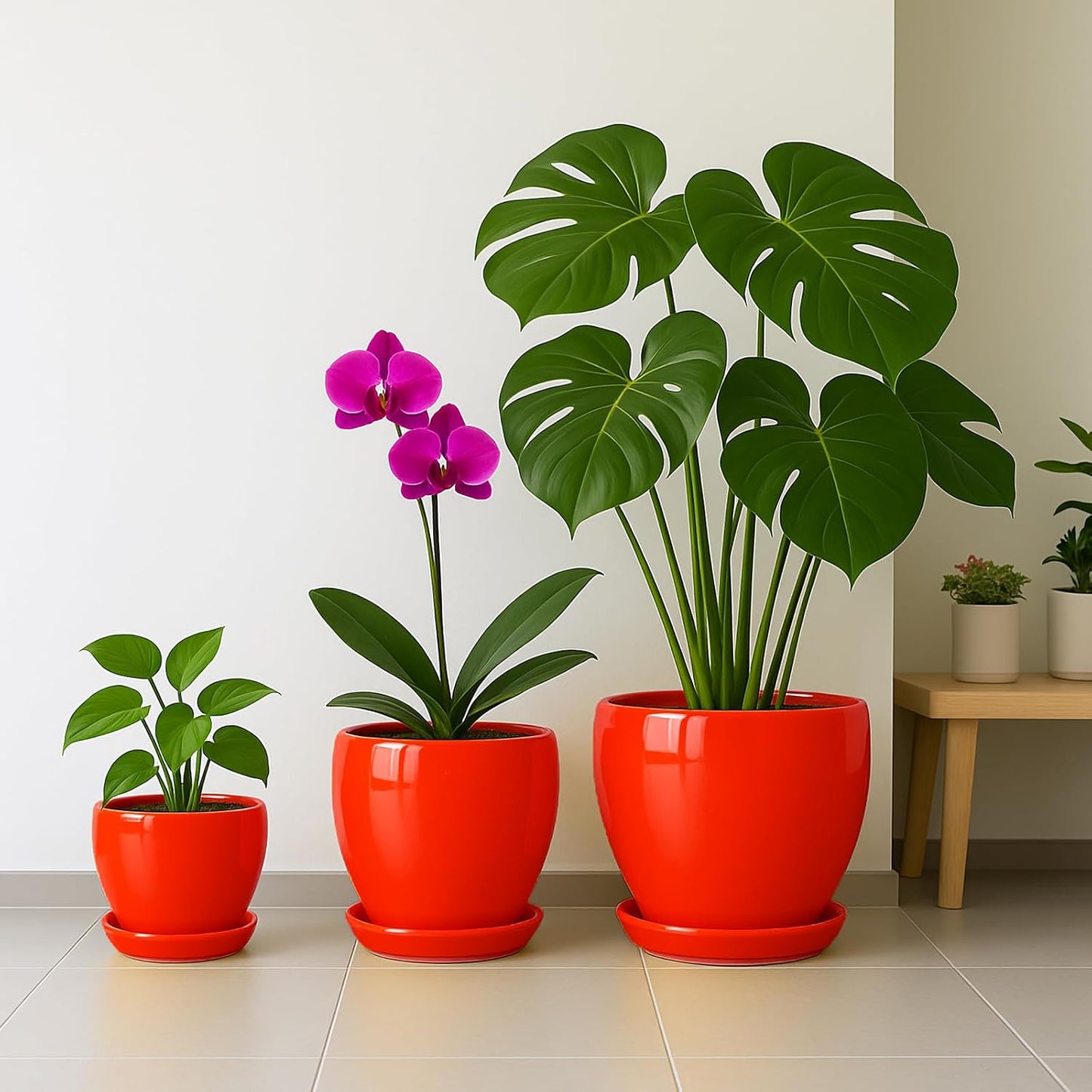 Deep Dream 10 Inch Plant Pot- Ceramic Planter Pot Round Plant Pots for Indoor Plants Outdoor Large Flower Pot with Drainage Holes & Trays, Red