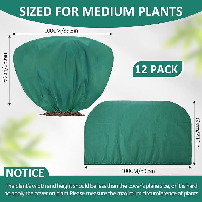 12 Pcs Winter Plant Covers Freeze Protection 39.4x23.6 Inch Horizontal Shrub Tree Rose Plant Protection Bags Frost Blanket with Drawstring for Fall Winter Outdoor Garden Planting (Dark Green)