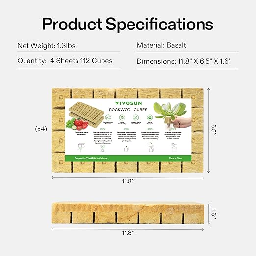 VIVOSUN 1.6" Rockwool Cubes, 112 Plugs Stonewool Starter Grow Cubes for Cuttings, Cloning, Plant Propagation, Seed Starting, Hydroponic Grow Media for Vigorous Plant Growth, 4 Sheets of 112 Plugs