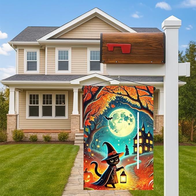 Halloween Garden Flag 11.81 x 17.72 Inch Black Cat in Witch Hat with Lantern Full Moon Haunted House Pumpkins and Autumn Leaves Outdoor Yard Decoration
