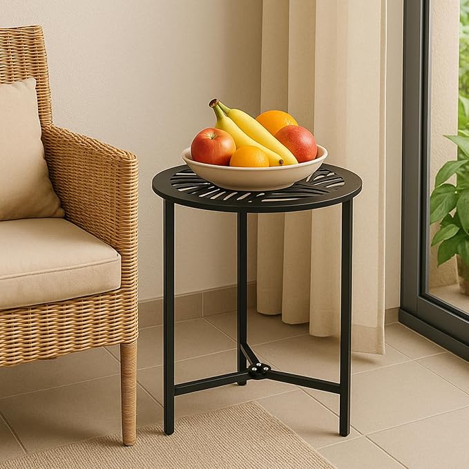 2 Packs 13" Metal Outdoor Side Tables Small Black Outside End Table for Patio Round Accent Corner Stand for Small Spaces Weather-Resistant Coffee Table for Balcony Porch Plant Stand, Pinna Form Leaf