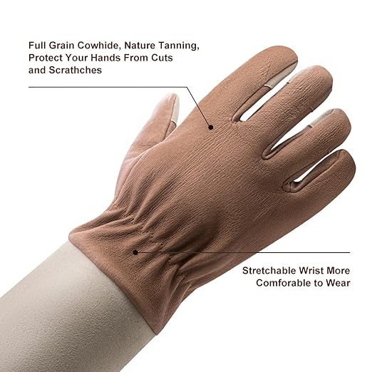 HLDD HANDLANDY Leather Gardening Gloves for Women & Men, Long Sleeve Rose Pruning, Thorn Proof Garden Work Gauntlet, Animal Handling (Large, Light Brown)
