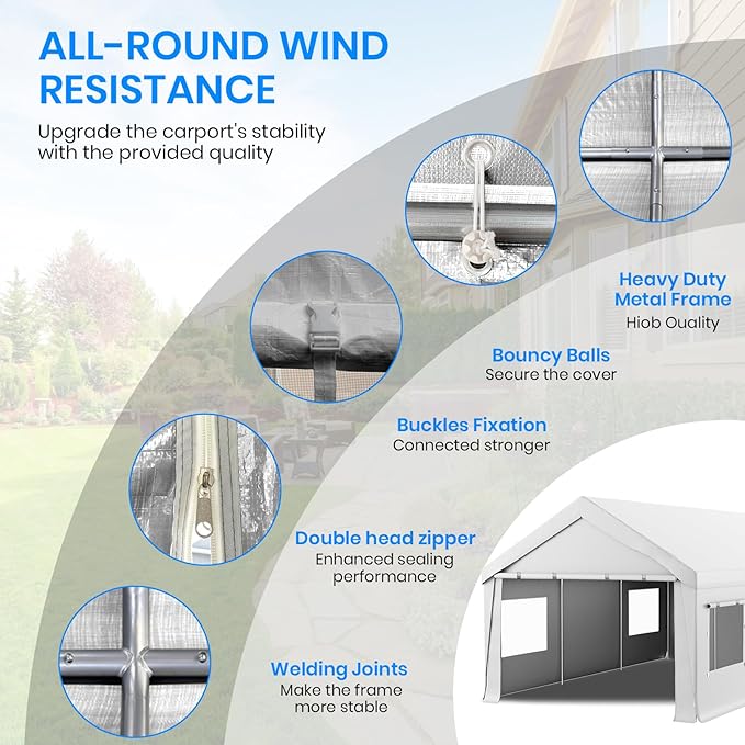 Carport 10x20 Heavy Duty Portable Garage,Carport Canopy with Roll-Up Windows & Doors,Portable Garage and Shelter with Removable Sidewalls,Car Tent Garage with All-Season Tarp for Truck Bike Lawnmower