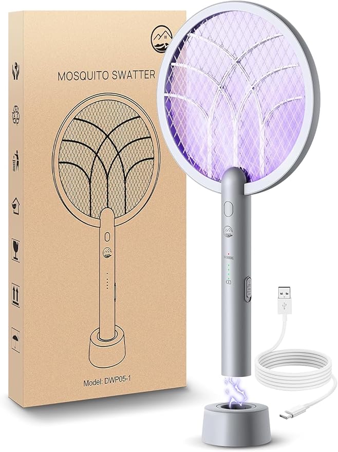 Electric Fly Swatter Racket, Mosiller 2 in 1 Smart Bug Zapper & Power Take Off Generators with USB Rechargeable Base, Powerful Mosquitoes Trap Lamp & Fly Killer for Home, Bedroom (Light Grey（1 Pack）)
