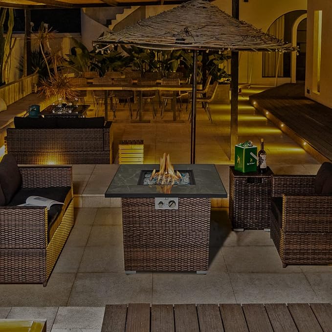 30'' Propane Fire Pit Table, Marble Textured Ceramic Tabletop, 50,000 BTU Fire Table with Brown Wicker, Mix Color Glass Rocks, Including Lid&Cover, Square