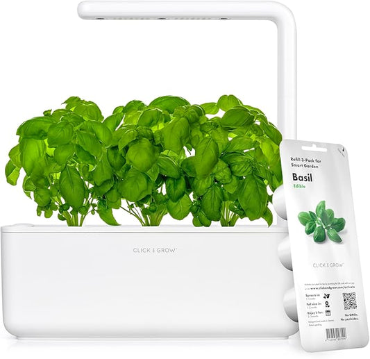 Click & Grow Indoor Herb Garden Kit with Grow Light | Smart Garden for Home Kitchen Windowsill | Easier Than Hydroponics Growing System | Vegetable Gardening Starter (3 Basil Pods Included), White