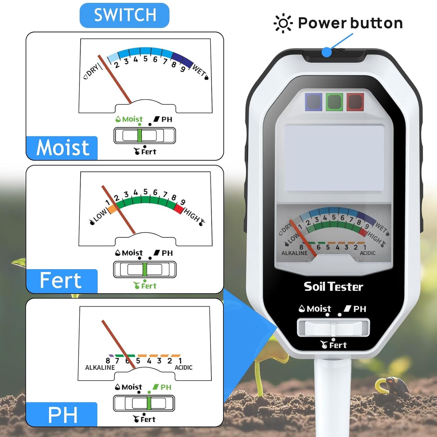 Soil Moisture Meter, 7-in-1 Soil PH Tester/Soil Moisture/Fertility with Removable Probe, LCD Display Air Temp/Air Humidity/Sunlight Intensity/BGR Spectral for Plants Garden, Lawn,Indoor Outdoor Plants