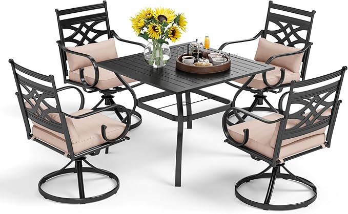 PHI VILLA 5 Pcs Patio Dining Sets,Outdoor Table Chair Set for 4 with Outdoor Swivel Chairs and Metal Frame Steel Square Table,Outdoor Dining Furniture with Cushion and Pillow for Garden Lawn Deck