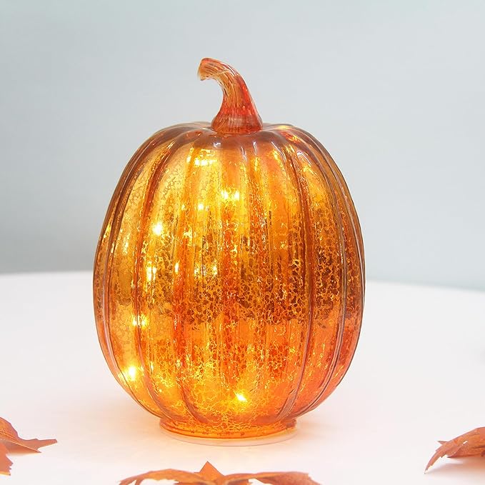 Mercury Glass Pumpkin Lights with Timer, Battery Operated Led Pumpkin Lights for Halloween Fall,Thanksgiving Rustic Decor (Gold Common, 8")