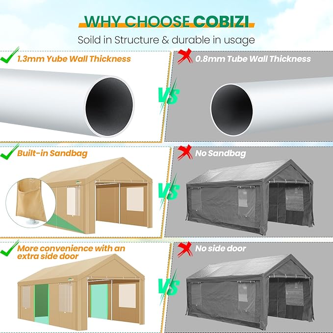 COBIZI Carports 10x20 Heavy Duty Car Canopy Garage with Removable Sidewalls & Doors, Galvanized Frame Portable Carport Canopy with Built-in Sandbags & All-Season Tarp for Car Boat Truck, Khaki