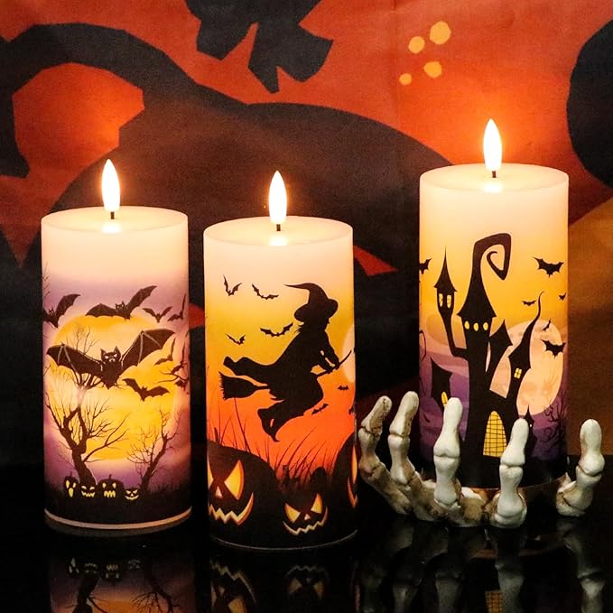 DRomance Halloween Flameless LED Candles Battery Operated with Remote and Timer, Real Wax Flickering Pillar Candles 3D Wick Dimmable Light Castle Witch Bats Halloween Decor(3 Pack, 3 x 6 Inches)
