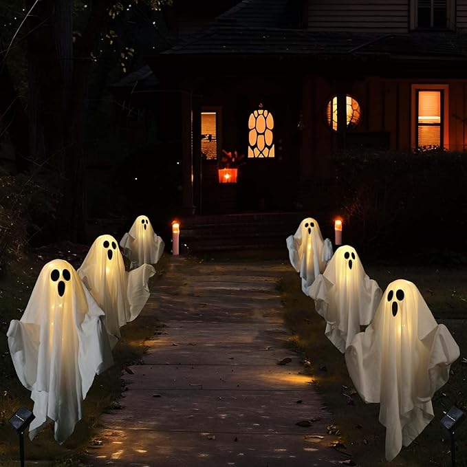 Solar Powered Halloween Decorations, 3 Pack Light Up Ghost Outdoor Path Pathway Kit Walkway Driveway Warm White Led Lights Solar Power Scary Yard Stakes Garden Lawn Decor