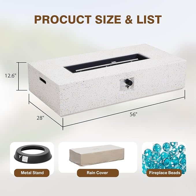 Outdoor Propane Fire Pit Table – Premium Terrazzo-Like MgO Finish, 56-Inch Gas Fire Table for Patio, Garden & Backyard, Includes Rain Cover & Glass Beads