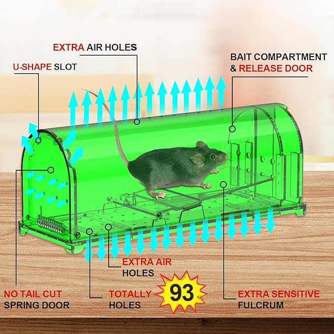 4 Pack 93 Holes Humane Mouse Traps Indoor for Home/Outdoor, Live Catch and Release Mice Traps, No Kill Mouse Catcher, Easy to Set and Reusable Humane Trap, Safe for Families and Pets