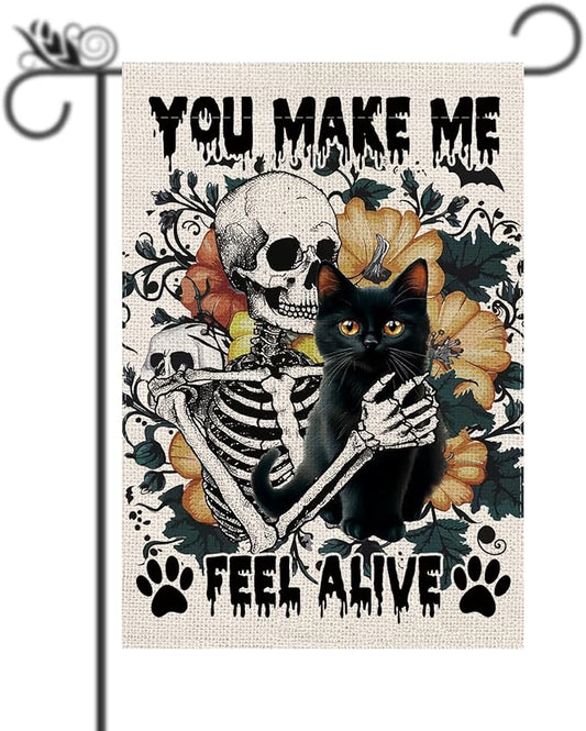 Halloween Garden Flag Skeleton and His Black Cat Vertical Double Sided Flags for Holiday Farmhouse Patio Yard Outdoor Party Decor Decorations Gifts - 12.5 x 18 Inch