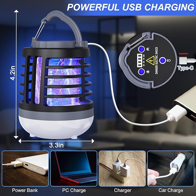 3 in 1 Indoor Bug Outdoor Mosquito Zappers, USB Rechargeable Mosquito Killer Portable Waterproof, LED Lantern Fly Zappers Camp Light SOS Emergency Light for Home, Backyard, Camping Patio (2 Pack)