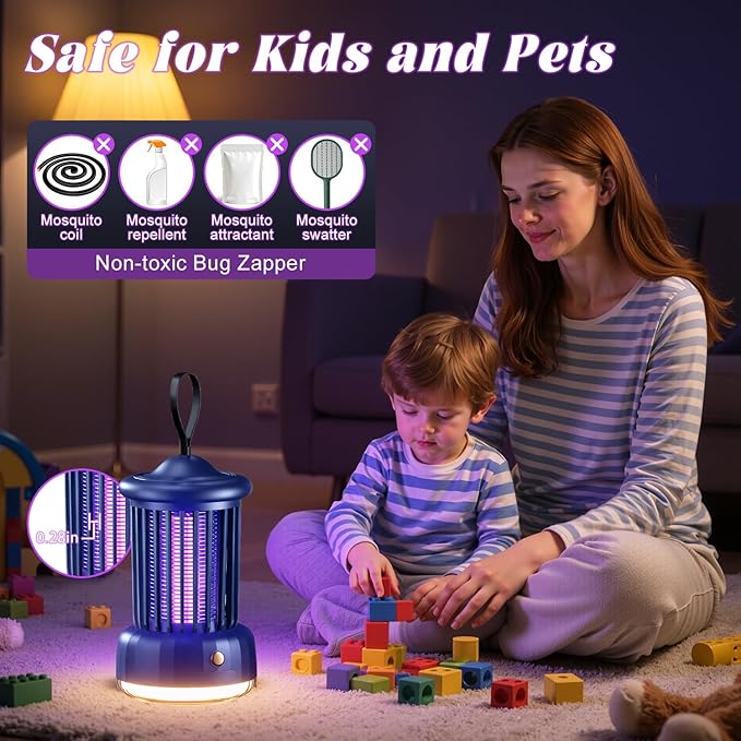 Bug Zappers, Portable USB Rechargeable with 360° Smart Zapping, Camping Lamp, Quiet Operation, Safe for Baby and Pregnant, Ideal for Garden, Home, Campsite