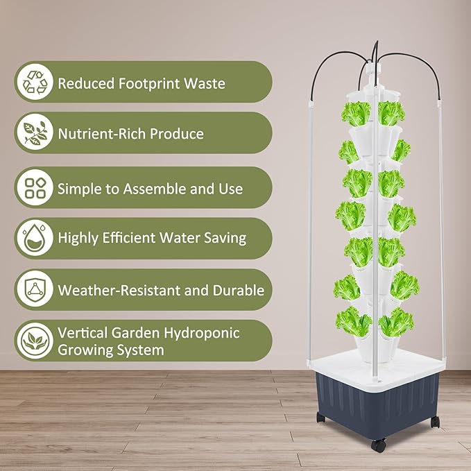 Hydroponic Growing System, 40-Hole Smart Hydroponic Tower w/LED Grow Lights, Indoor Hydroponic Garden Herb Grow Kit for Short Tomato,Pepper,Cucumber, Can Plant 40 Seeds, White