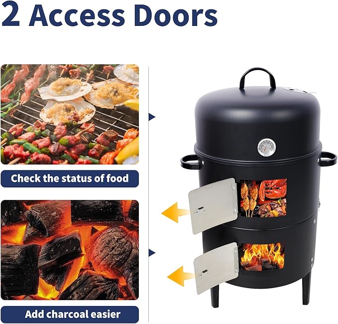 17 inch Vertical Charcoal Smoker, BBQ Grill, Fire Pit, 3-in-1 with Built-in Thermometer, Adjustable Air Vent, Idea for Parties, Backyard, Patio, Camping