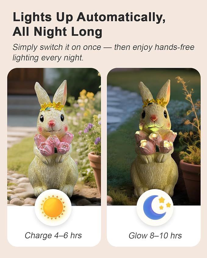Solar Bunny Garden Light Outdoor Statue – Waterproof Rabbit Figurine with 5 Tulip LED Lights, Auto On/Off Bunny Garden Decor for Patio, Balcony, Lawn, Yard Decorations, Birthday Gifts for Women
