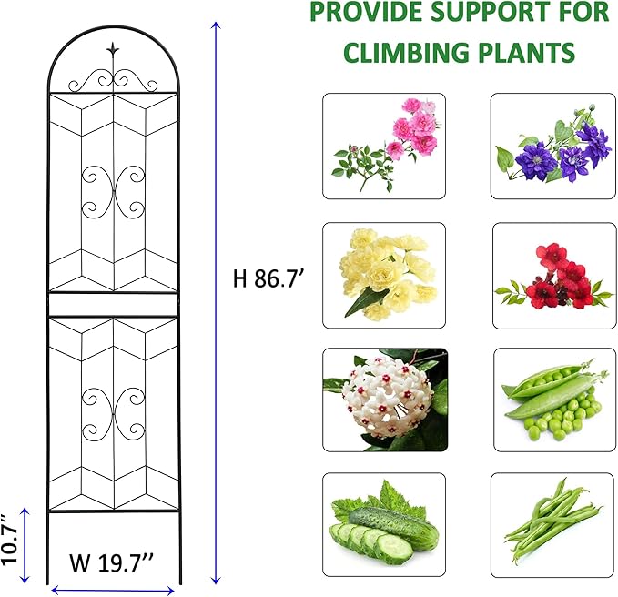 4 Pack Metal Garden Trellis 86.7" Tall Outdoor Climbing Plant Support for Roses, Flowers, Rustproof Durable Black Galvanized Tube, Lawn Garden Fence Decor Screen (4, Castle-86.7" H)