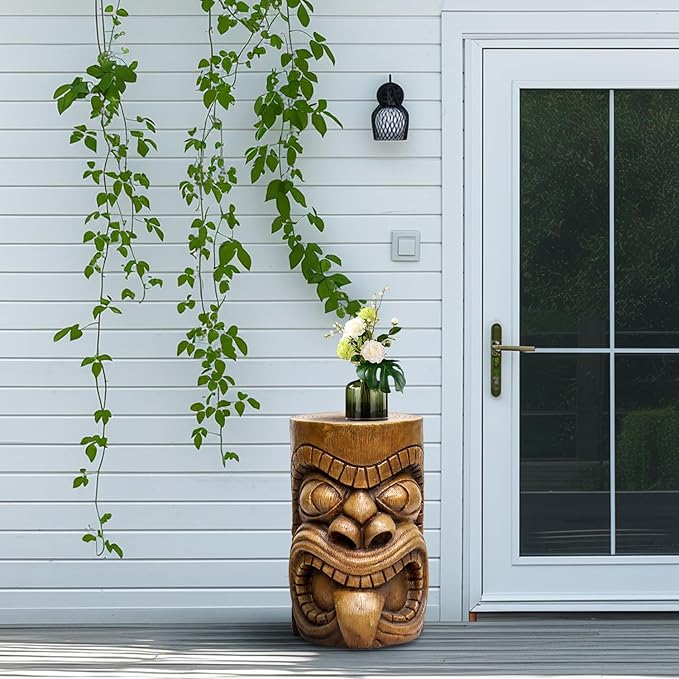 SKYFIRE Outdoor Decorative Sculpture - The Grande Tiki God Kanaloa Teeth Indoor Ornamental Outdoor Table Statues for Garden, Patio, Backyard, Lawn, House, Office Decor -19.6"H Concrete Stool End Table