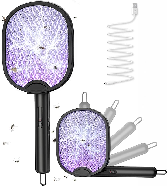Electric Fly Swatter Foldable Bug Zapper Racket with 4000V 1800mAh Rechargeable Battery 5-Layer Safety Mesh Dual Modes with Mosquito Light Suitable for Indoor or Outdoor Use(Black)
