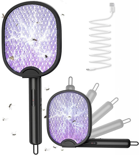 Electric Fly Swatter Foldable Bug Zapper Racket with 4000V 1800mAh Rechargeable Battery 5-Layer Safety Mesh Dual Modes with Mosquito Light Suitable for Indoor or Outdoor Use(Black)