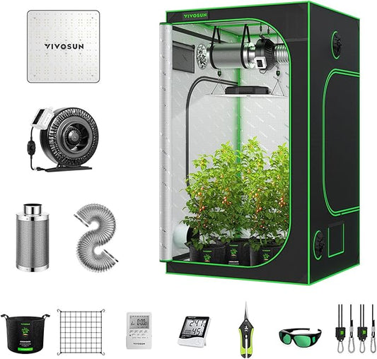 VIVOSUN GIY 4x4 Grow Tent Kit Complete, 4x4 Ft. Grow Tent Complete System with VS1000 Led Grow Light 6 Inch 440CFM Inline Fan Carbon Filter and 8ft Ducting Combo, 48"x48"x80"