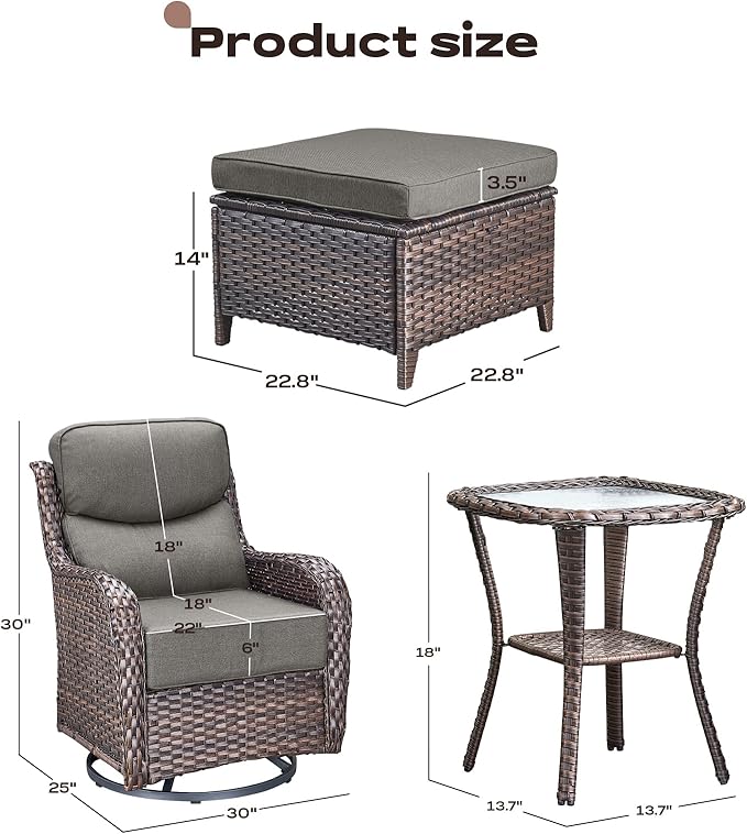 Wicker Outdoor Patio Furniture Set - 5 Piece Patio Conversation Sets with Swivel Rocker Chairs, Ottomans and Side Table, 6 inch Cushions, Waterproof Wicker, for Porch Deck Brown/Grey