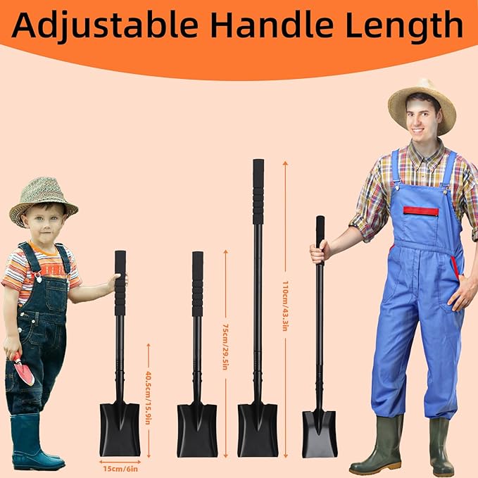 Small Square Shovel 43.3Inches Heavy Duty Garden Tools with Metal Handle, Small Transfer Spade for Digging Camping Car Beach Shovel, Black