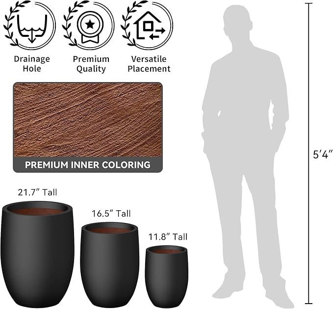 Kante 11.8 Inch Tall Concrete Planter, Large Indoor Outdoor Plant Pot with Drainage, Smooth Black Finish with Warm Brown Interior, Ideal for Porch, Home, Garden, Patio