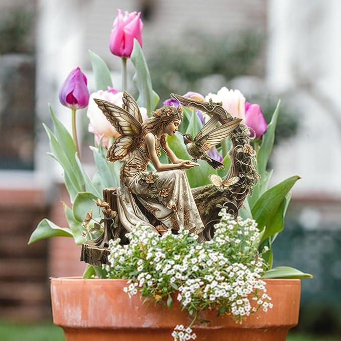 Fairy Garden Stake Decor, 2D Flat Acrylic Fairy Garden Decor Panel, Elf Yard Sign for Outdoor Indoor Yard Lawn Plants Pots, Fairy Garden Accessories (Flower Fairy with Hummingbird)