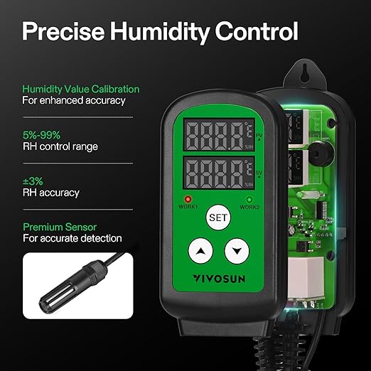 VIVOSUN Humidity Controller, 1200W Dual-Stage Outlet, Pre-Wired Digital Humidistat with Dual LED Displays for Humidifier/Dehumidifier/Fan, Ideal for Greenhouse, Grow Tent, Home-Brewing, Mushroom