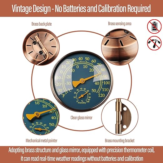 4 Inch Brass Outdoor Thermometer - Analog Temperature Gauge for Patio, Greenhouse and Garage