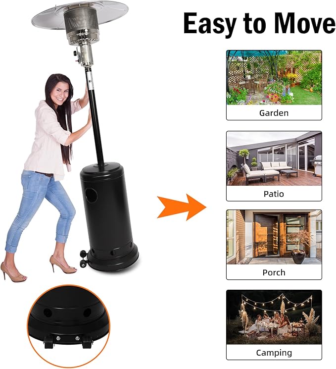 Outdoor Patio Heater, Propane Heater w/Wheels, Shelf Tabletop, Auto Shut Off Protection, 36000 BTU Tall Standing Gas Heater for Outdoor Use