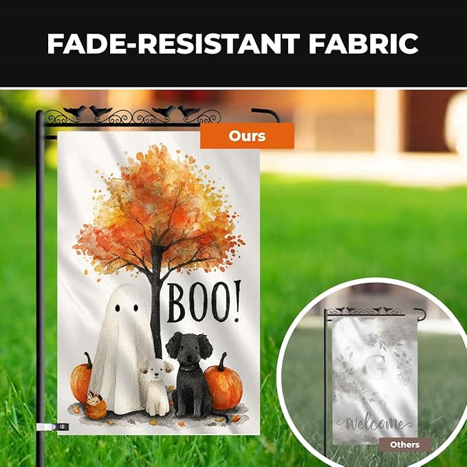 Happy Halloween Garden Flag – Ghost with Dogs and Pumpkins Design, 12x18 Double Sided Burlap Yard Flag for Fall Outdoor Decoration, Weatherproof