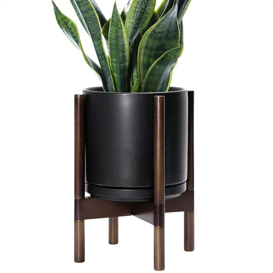 D'vine Dev Ceramic Planter with Walnut Color Stand - 10 Inch Modern Round Flower Pot with Wood Planter Holder, Black, 55-B-X-2