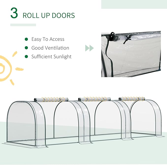 Outsunny 11' x 3' x 2.5' Mini Greenhouse, Portable Tunnel Green House with Roll-Up Zippered Doors, UV Waterproof Cover, Steel Frame, Clear