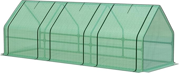 Aoodor 9 x 3 x 3 ft Mini Greenhouse with 3 Zipper Doors, Water-Resistant, UV-Protected for Flowers, Vegetables, and Herbs, Green