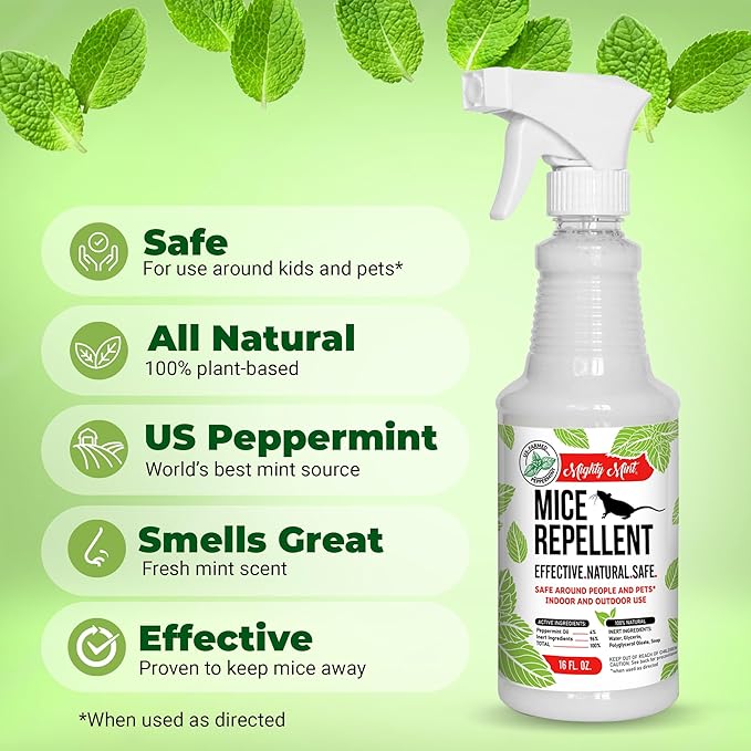 Mighty Mint Peppermint Oil Mouse Repellent Spray – Natural Indoor & Outdoor Control for Mice and Rodents – Plant-Based, Extra-Strong Formula - 16 oz (Pack of 2)