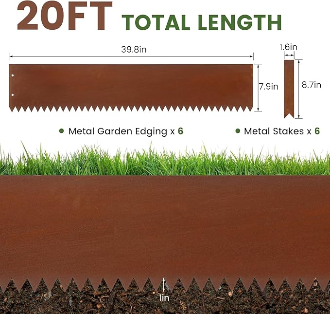 Dyna-Living 40 x 8 Inch Steel Landscape Edging 6 Pack Metal Edging for Landscaping Garden Edging Border, 20FT Total Pre-Rusted Border Metal Landscape Edging with Clips for Lawn, Garden, Yard