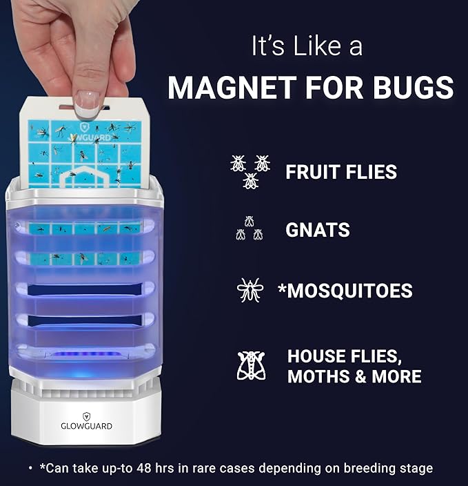 GlowGuard Cordless Flying Insect Trap Catches Fruit Flies, Indoor Gnat Killer, Magnet for Moths & Mosquitos in Dark, 1 Rechargeable Bug Trap + 4 Dual-Sided Sticky Pad Refills, 30hr Battery (White)
