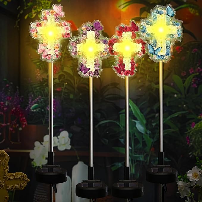 Retisee 4 Pack Halloween Decoration Flowers Cross Garden Stake Solar Lights Outdoors Cemetery Yard Decor Jesus Cross Sympathy Memorial Gift Waterproof for Garden Lawn Patio Pathway Decor