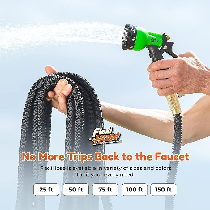 Flexi Hose with 8 Function Nozzle, 150FT - Lightweight Expandable Garden Hose, No-Kink Flexibility, 3/4 Inch Solid Brass Fittings and Double Latex Core